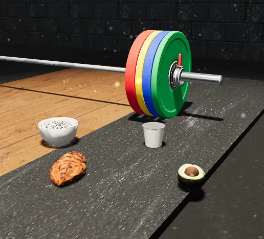 A yogurt cup, a bowl of rice, an avocado and a chicken breast on a gym platform beside a barbell loaded with red, yellow, blue and green plates