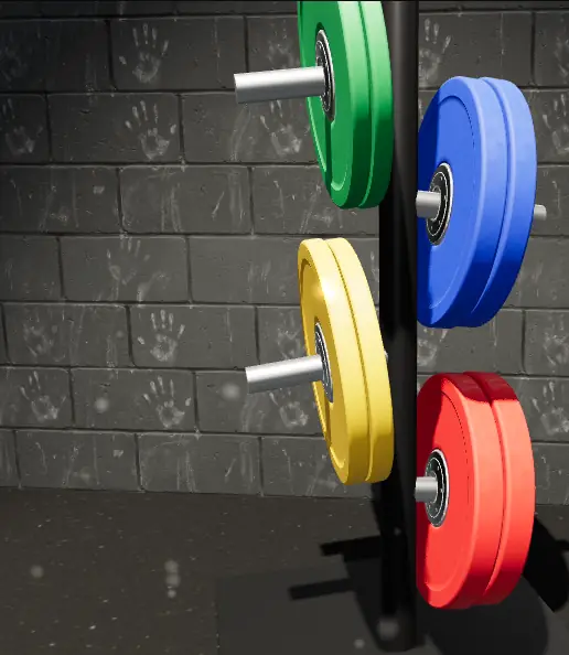 A plate tree loaded with red, yellow, blue and green plates against a painted block wall